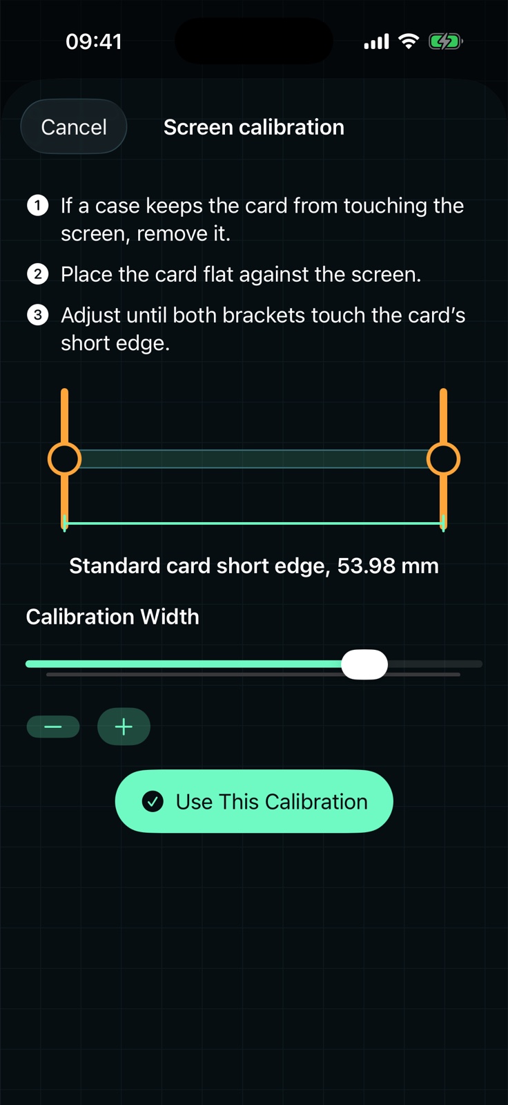 Calibration screen with a card short-edge reference guide