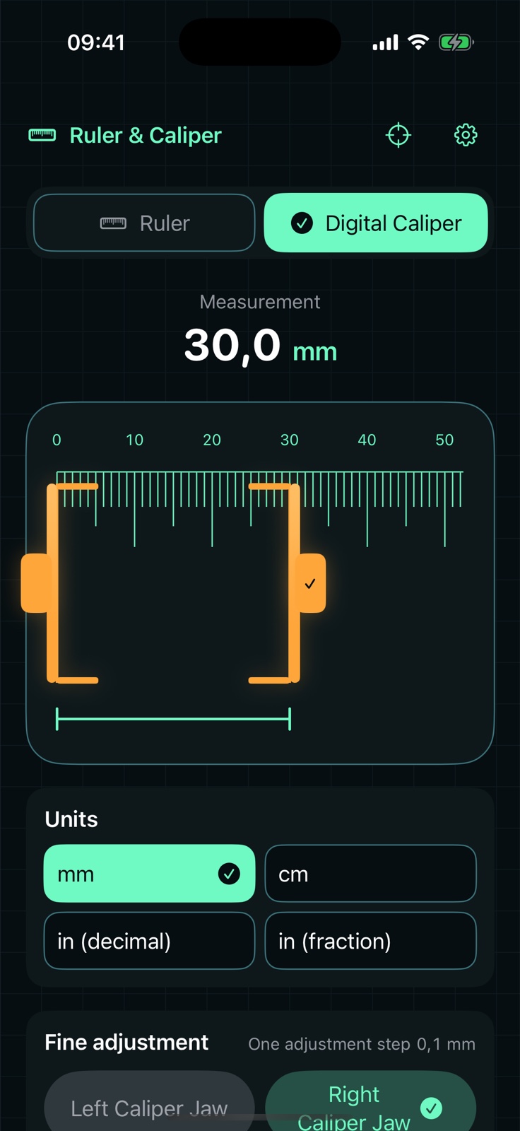 Digital caliper screen with two adjustable jaws