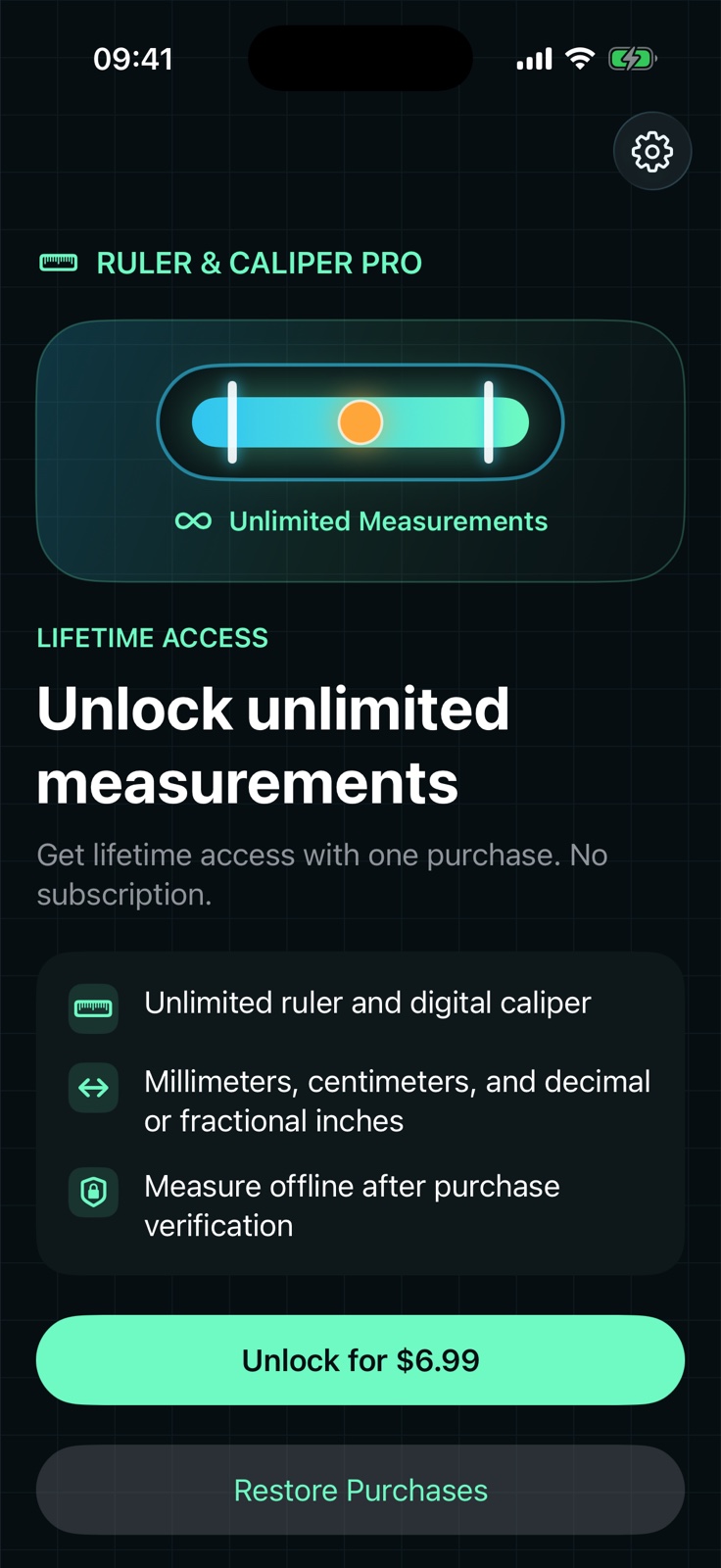Lifetime-access screen with one-time purchase and restore controls