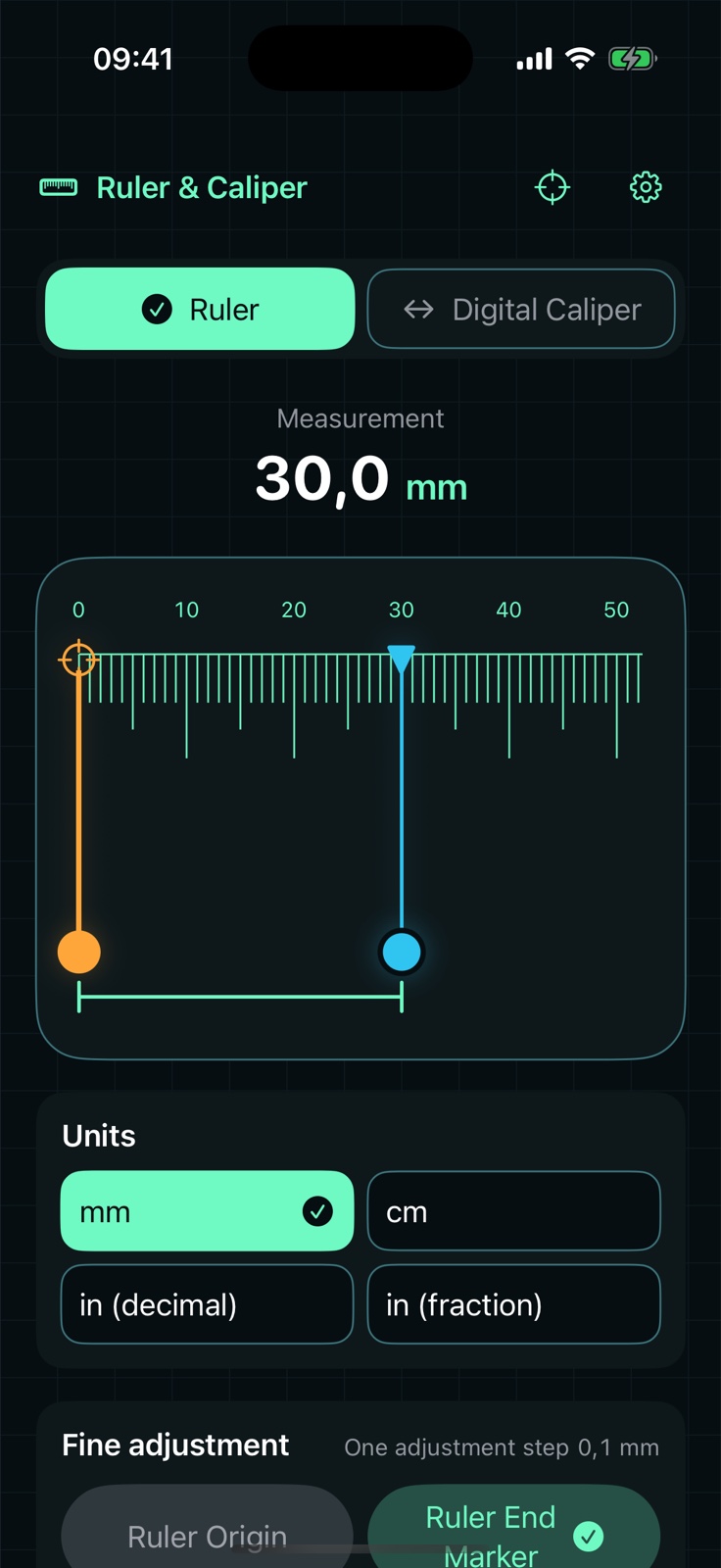 Ruler and Caliper measuring screen showing a calibrated ruler